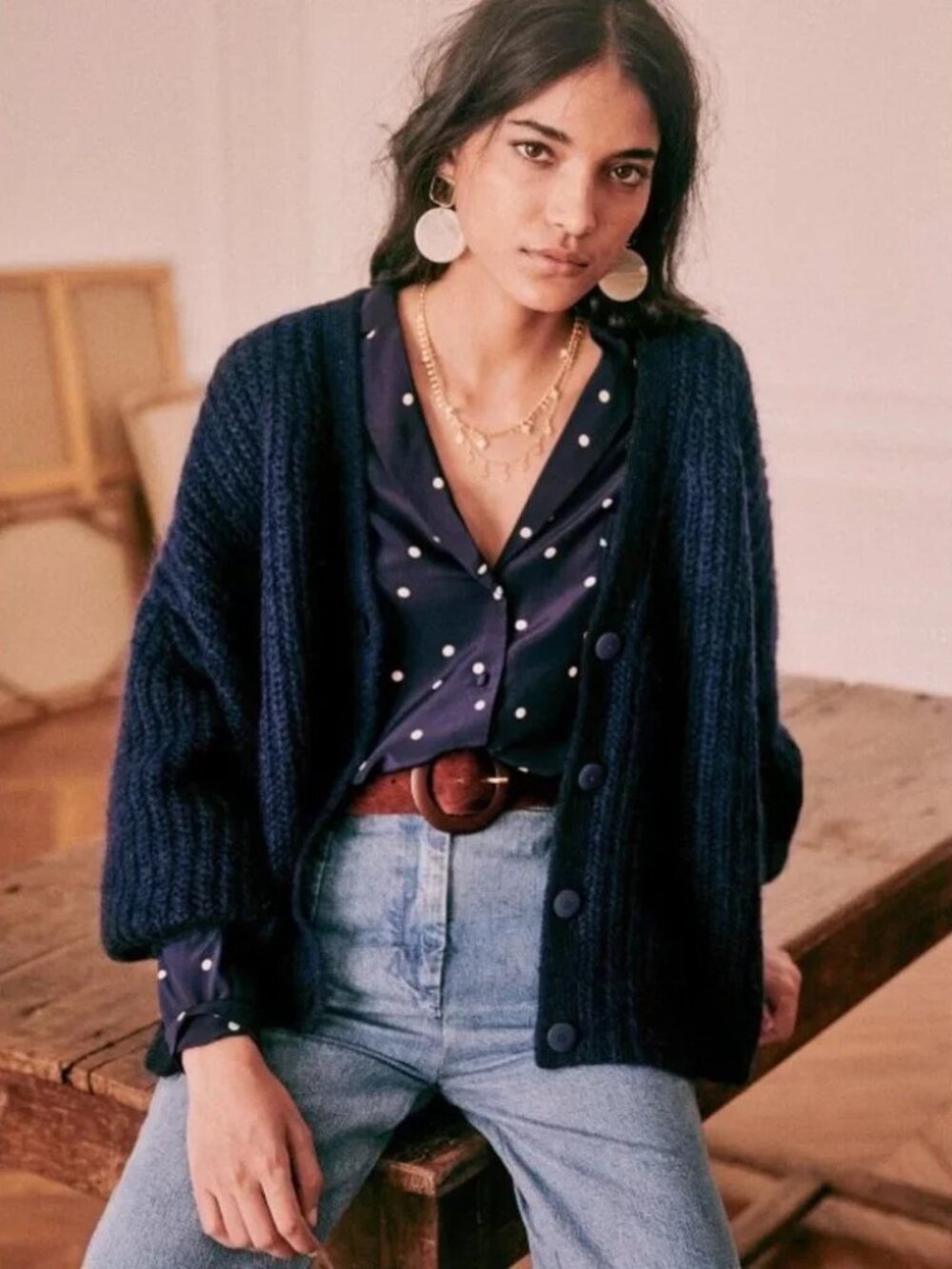 Sezane Basile Alpaca and Wool Blend Oversized Cardigan Navy Blue S